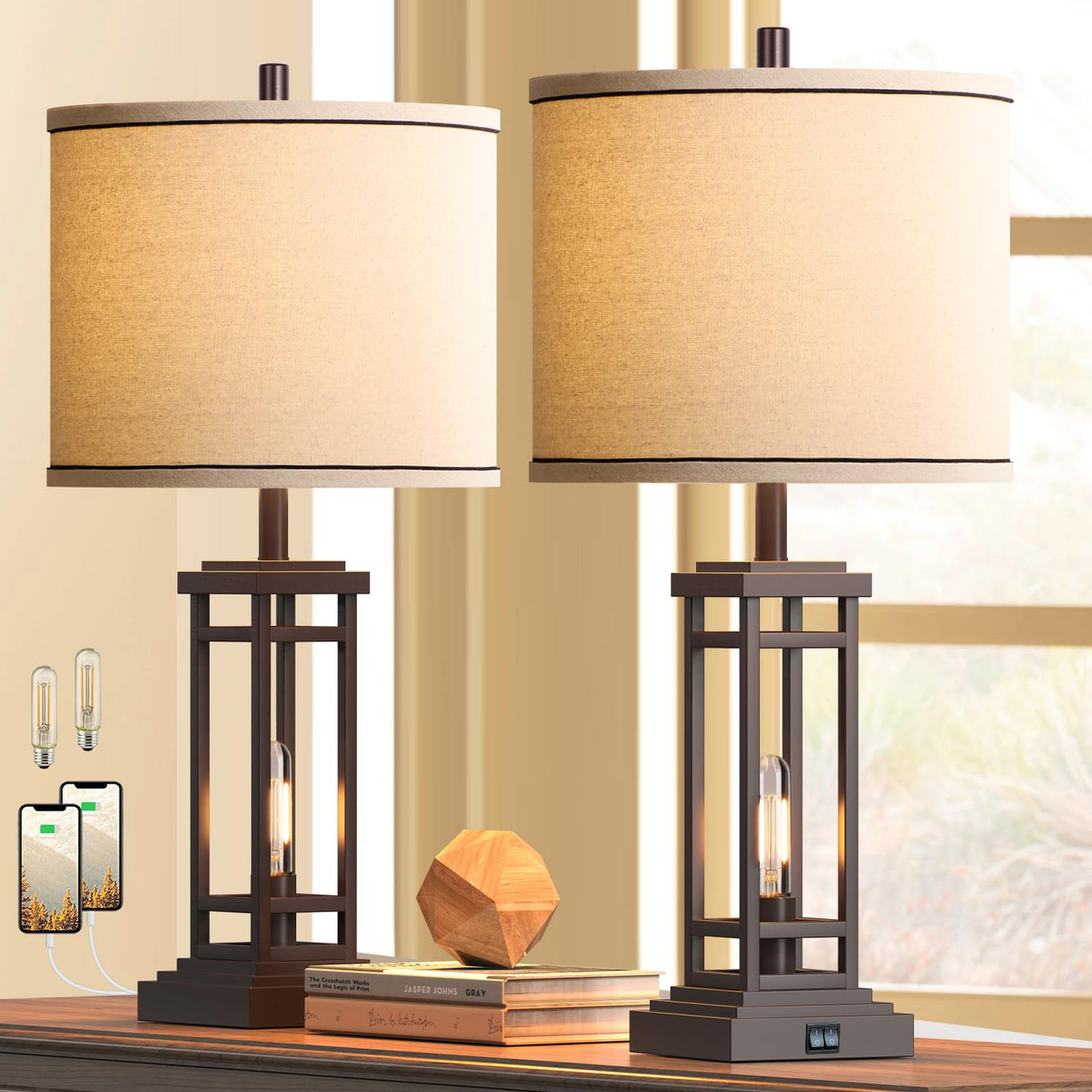 Set of 2 Table Lamps with USB Ports, 27.5" Tall Farmhouse