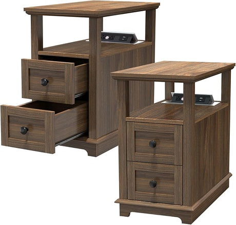 Narrow End Table with Flip Top Charging Station and 2 Drawers