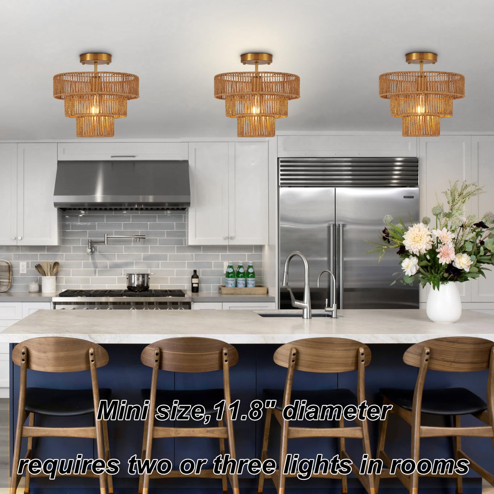 Hand-Woven Rattan Semi Flush Mount Ceiling Light Fixture Vintage Farmhouse Boho