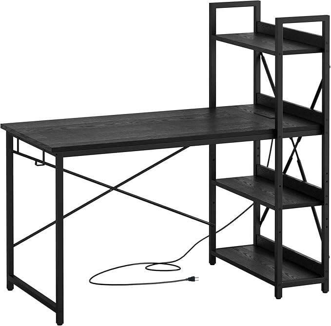 Computer Desk 47" with Power Outlet and Storage Shelves, Study Writing Table with USB Ports Charging Station, PC Desk Workstation for Home Office, Rustic Brown