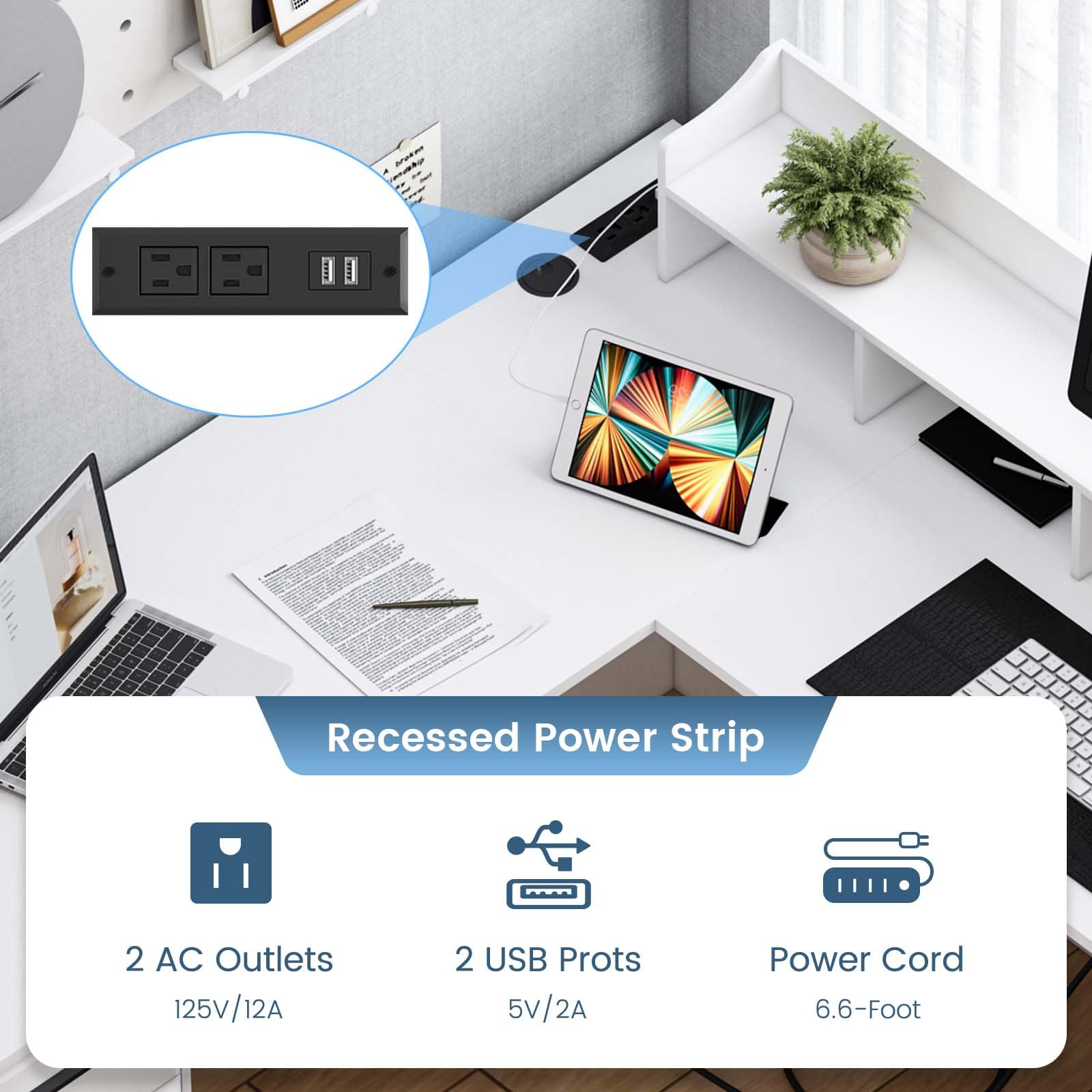 WhiteDesk 60W L-Shaped Office Desk with Storage Drawers & Power Outlet