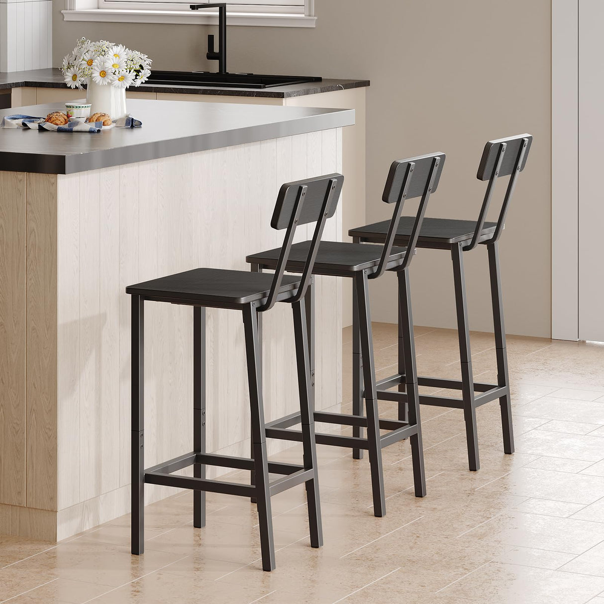 Bar Stools, Set of 2 Bar Chairs with Backrest, Kitchen Bar Stools with Footrest