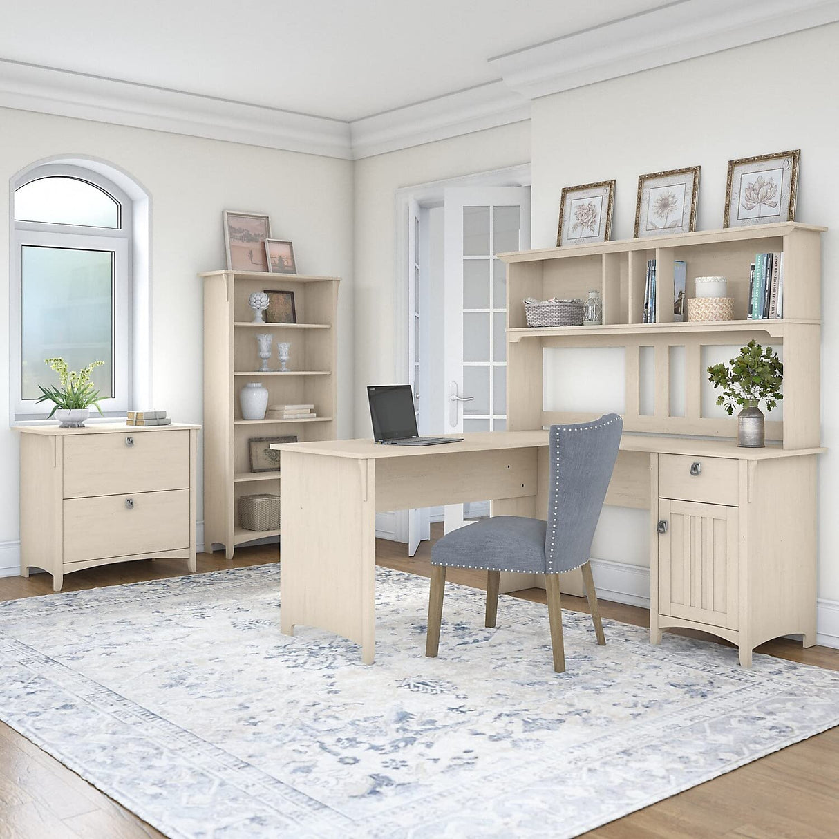 Salinas 60W L Shaped Desk with Hutch, Lateral File Cabinet and 5 Shelf Bookcase