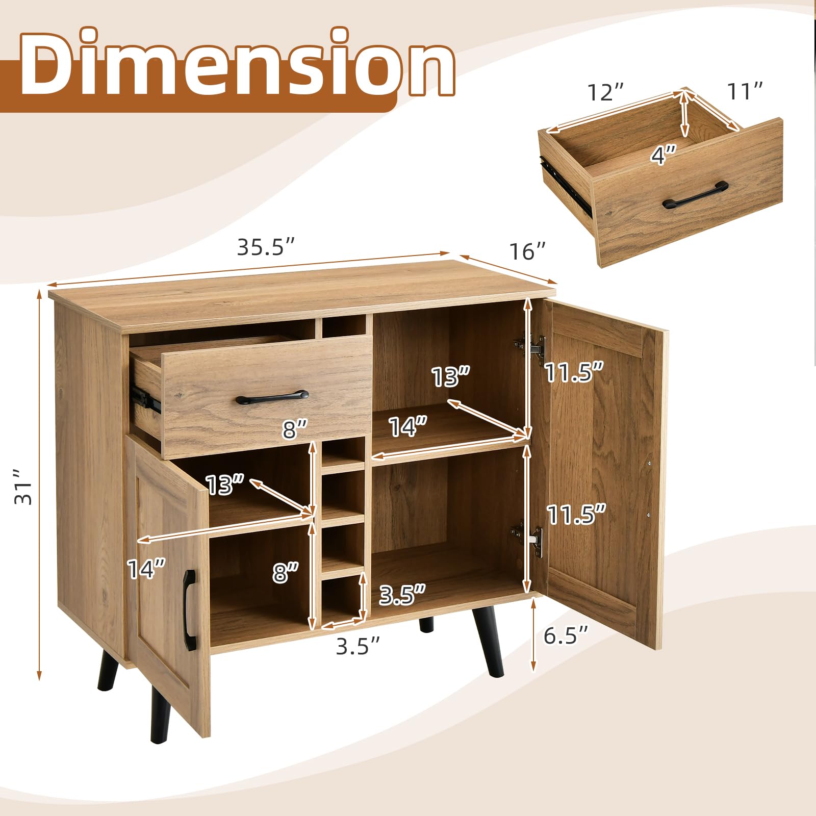 Buffet Cabinet with Storage, Liquor Cabinet with 6-Bottle Wine Rack