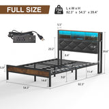 Full Size Metal Bed Frame with LED Lights, USB Charging & Storage