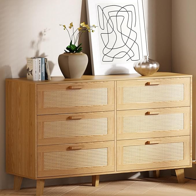 Wide Rattan Dresser, 6 Drawer Dressers