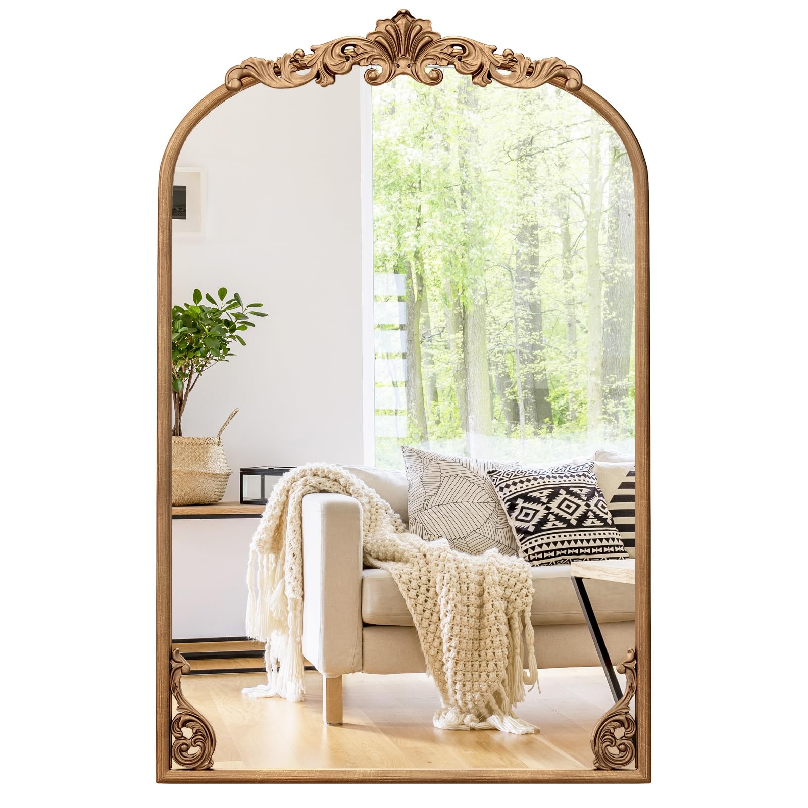 Arched Mirror, 30" x 20" Gold Antique Mirror, Vintage Ornate Baroque Mirror