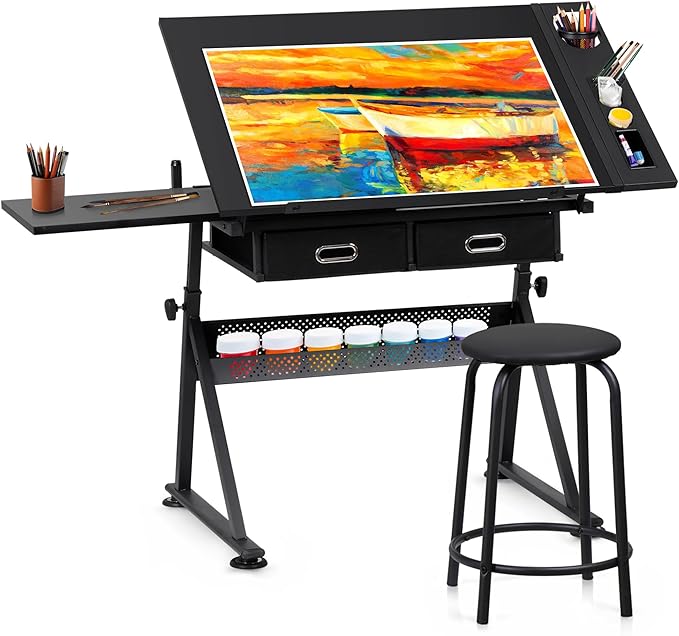 Tilting Drawing Desk with Stool | Adjustable Artist Table with Storage & Outlet