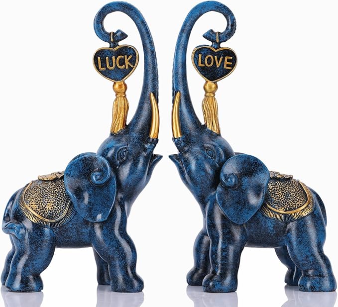 Gold Elephant Statue 2 Piece Set, Love Elephant Sculpture, Gold Figurine Home Decor