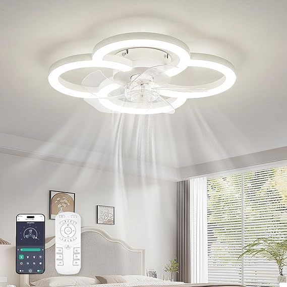 Flush Mount Ceiling Fan with Light and Remote - Dimmable LED, 6 Speeds