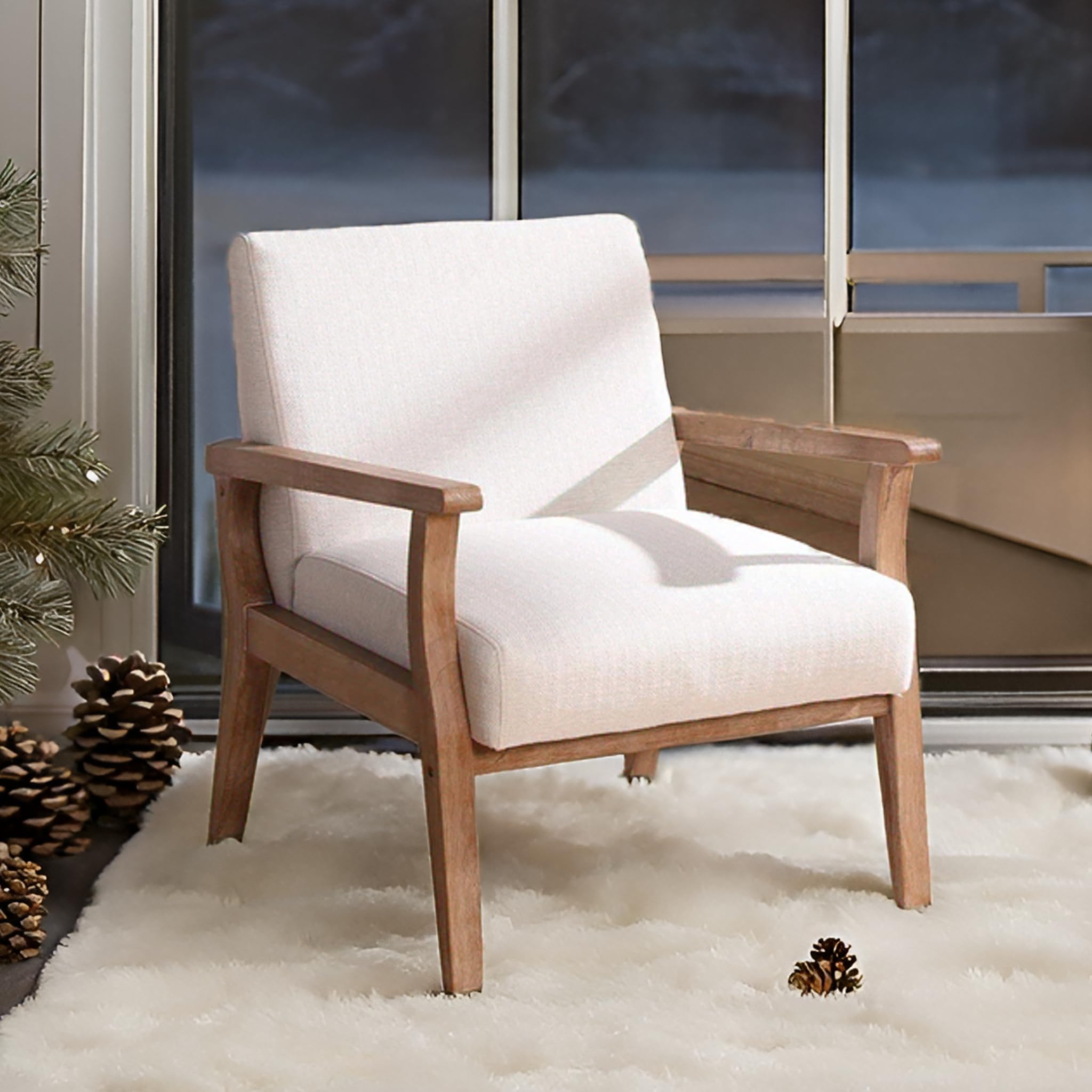 Beige Accent Chair Mid Century Modern Armchair Wood Sitting Chair Linen Fabric