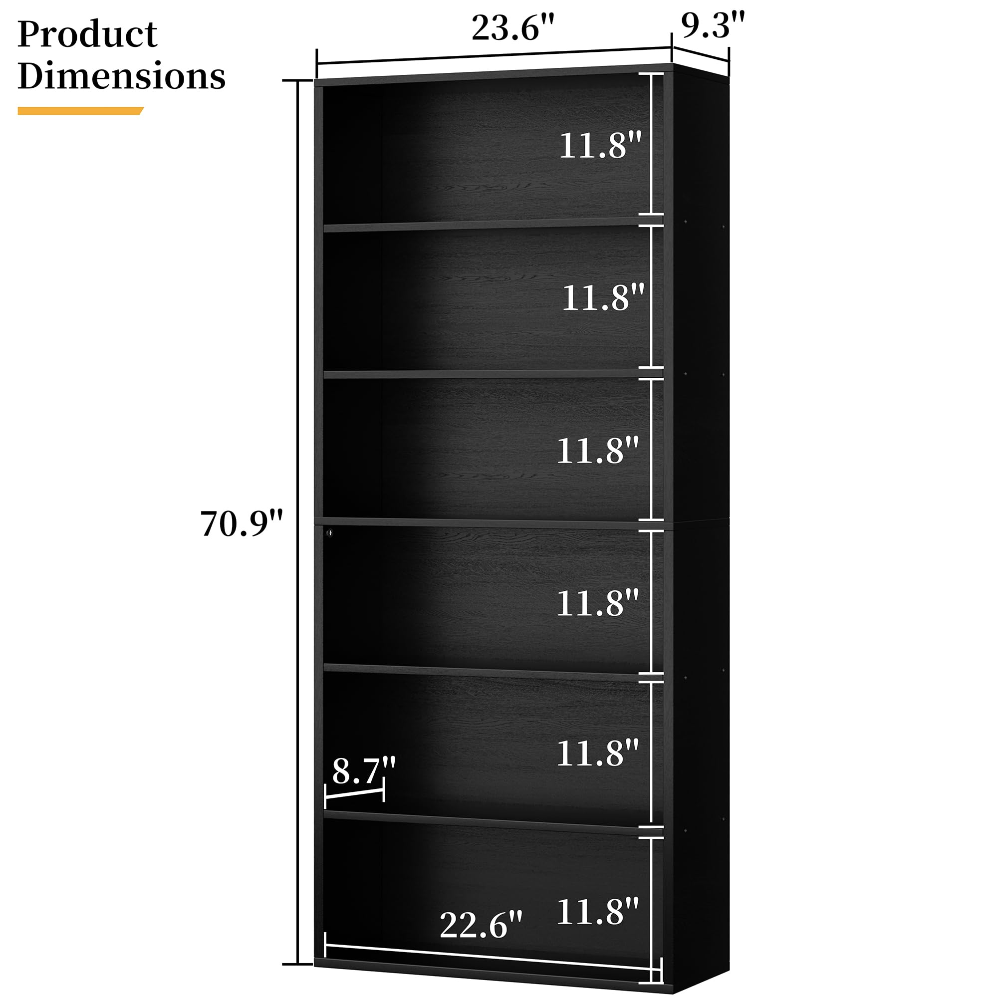 Shintenchi Bookshelf,6-Tier Open Bookcase and Bookshelves,6 Shelf Display Storage Shelves Floor Standing 70.6 inches Tall Bookcase for Home Office, Living Room (Black)