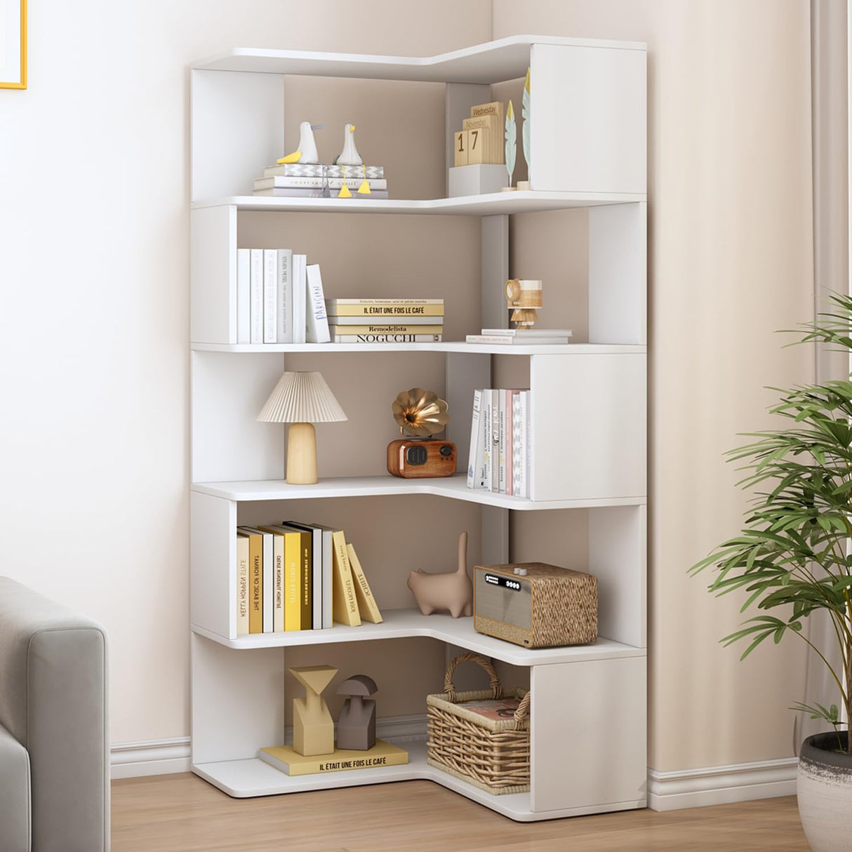 6-Tier L-Shaped Corner Bookshelf - 66" Tall Wooden Freestanding Bookcase with Open