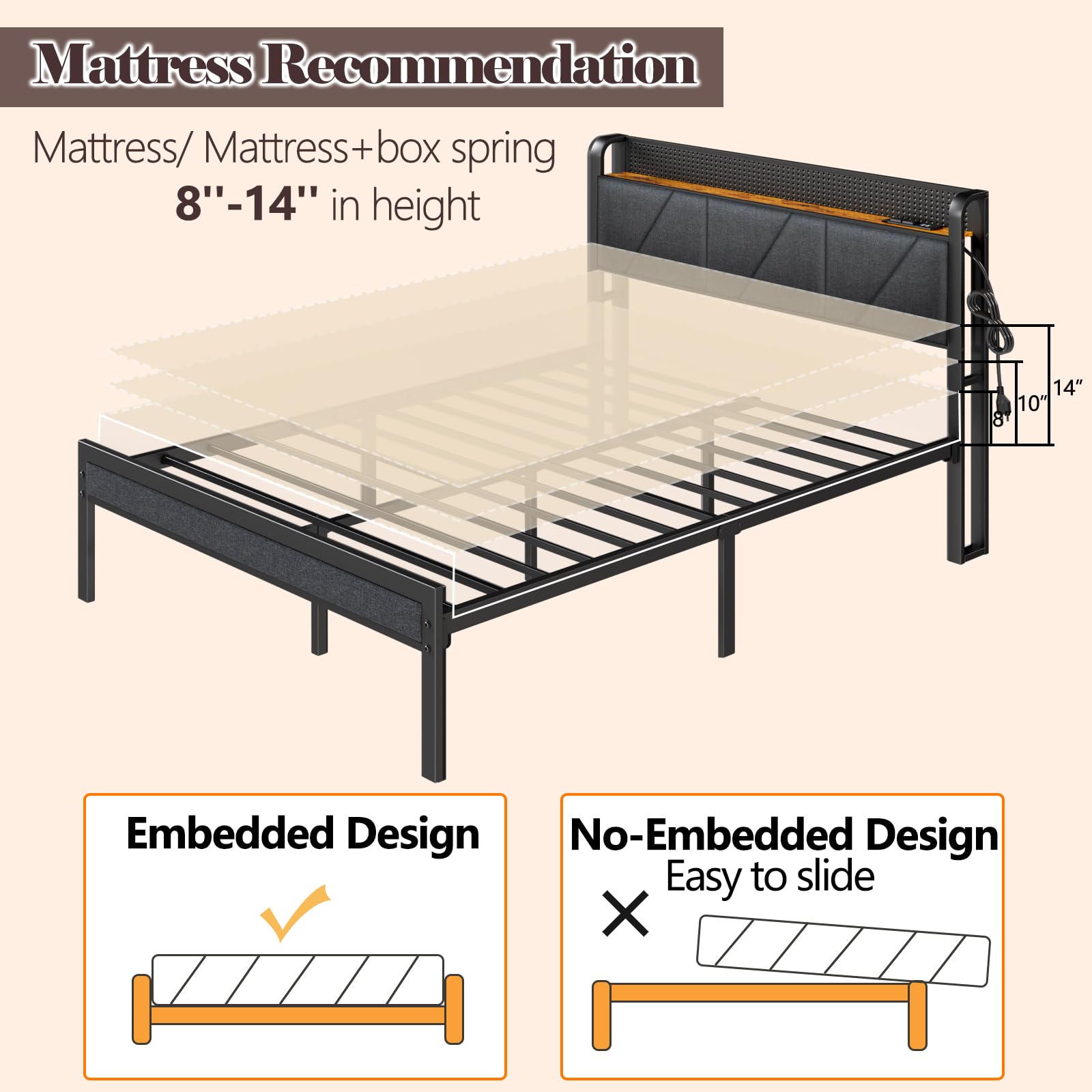 Queen Size Upholstered Bed Frame with LED Lights and Charging Station