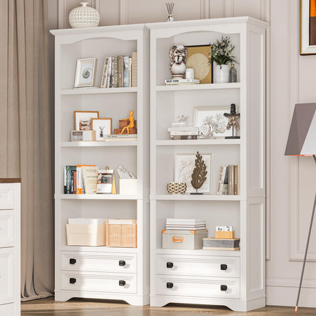 Bookcase with Storage Drawers, Wooden Bookcase with 4-Tier Open Shelves and 2 Drawers,