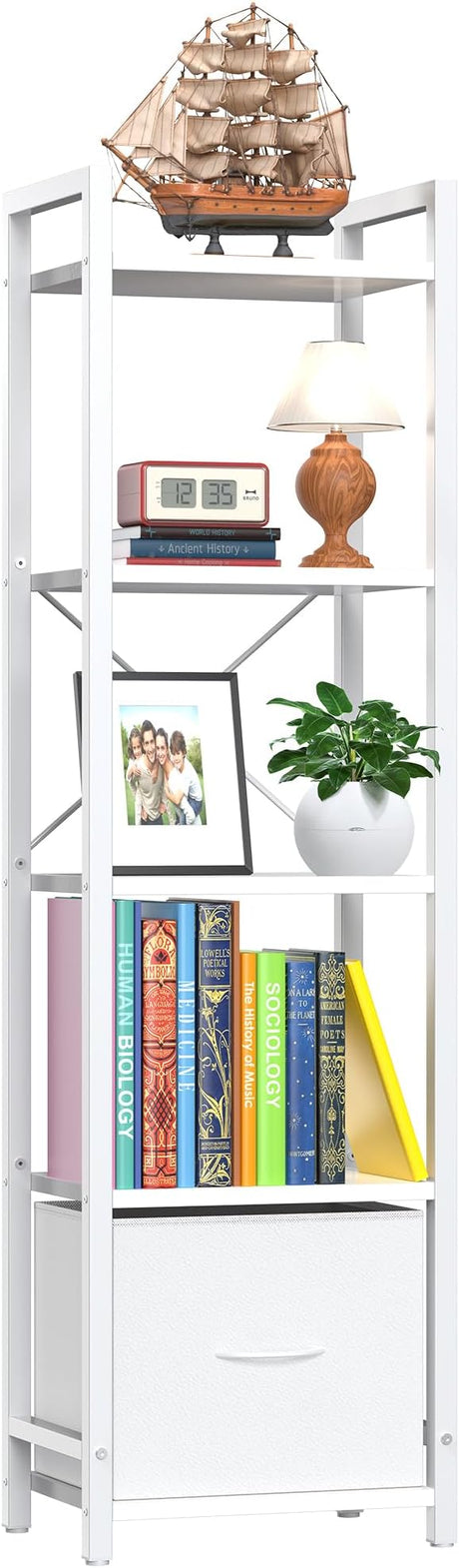 -Bookshelf-With-Storage-Drawer, 5-Tier Small Standing Book Shelf Organizer For Small Space, Tall Thin Bookcase Shelf For Bedroom Living Room Office, Wooden Shelving Unit Rack For Display