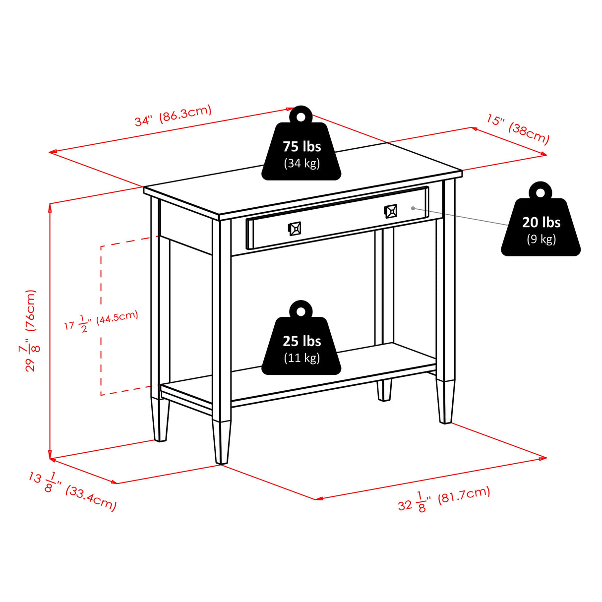 Richmond 33.98-inch x 29.92-inch x 15.69-inch Wood Console Hall Table Tapered Leg