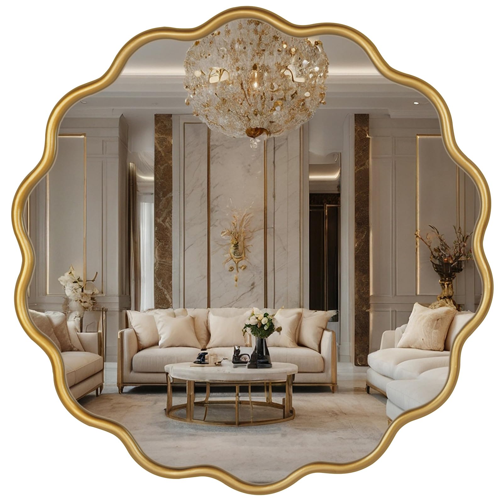 22 Inch Round Wavy Mirror - Modern Gold Wall Decor