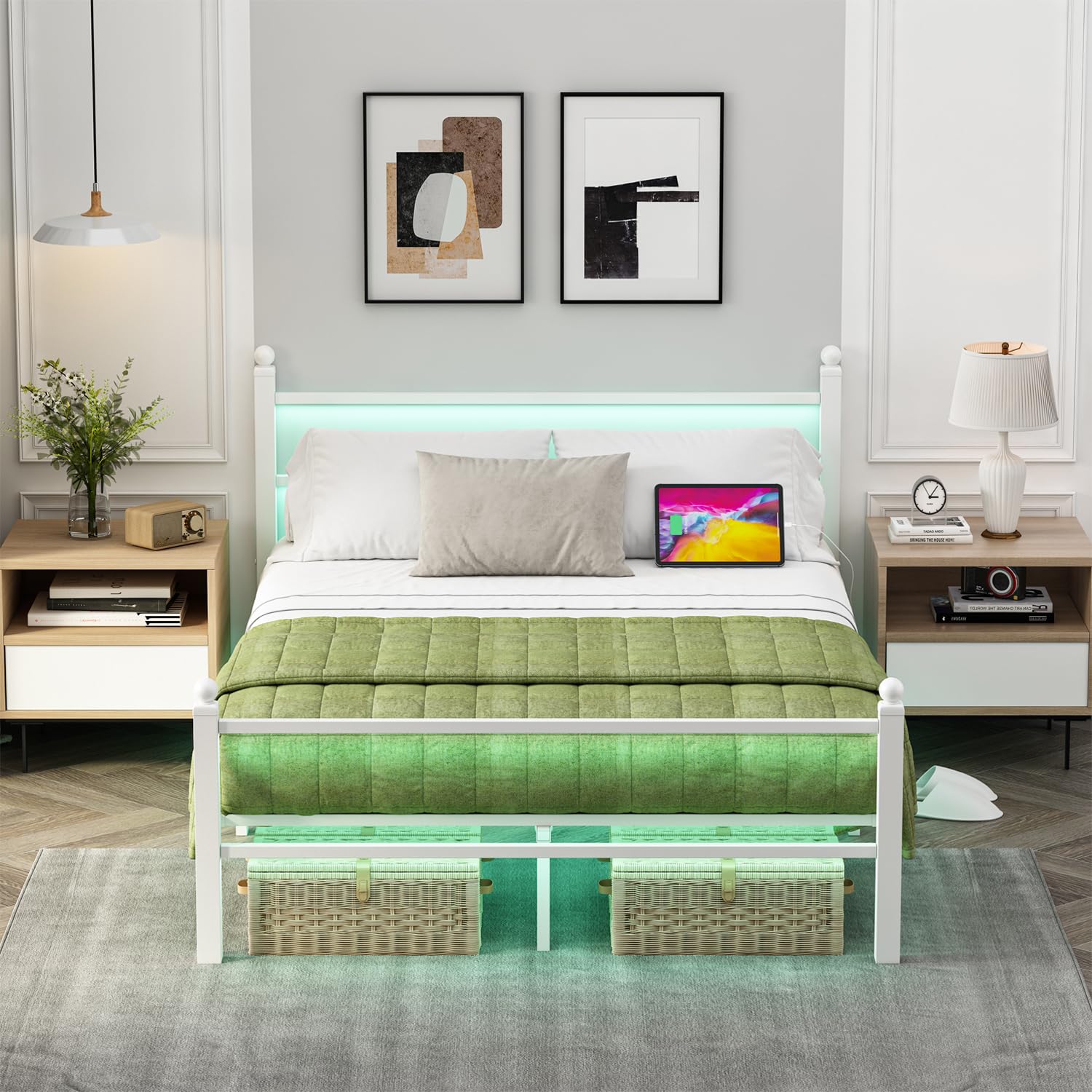 Full Size Metal Bed Frame with LED Lights & Charging Station - White
