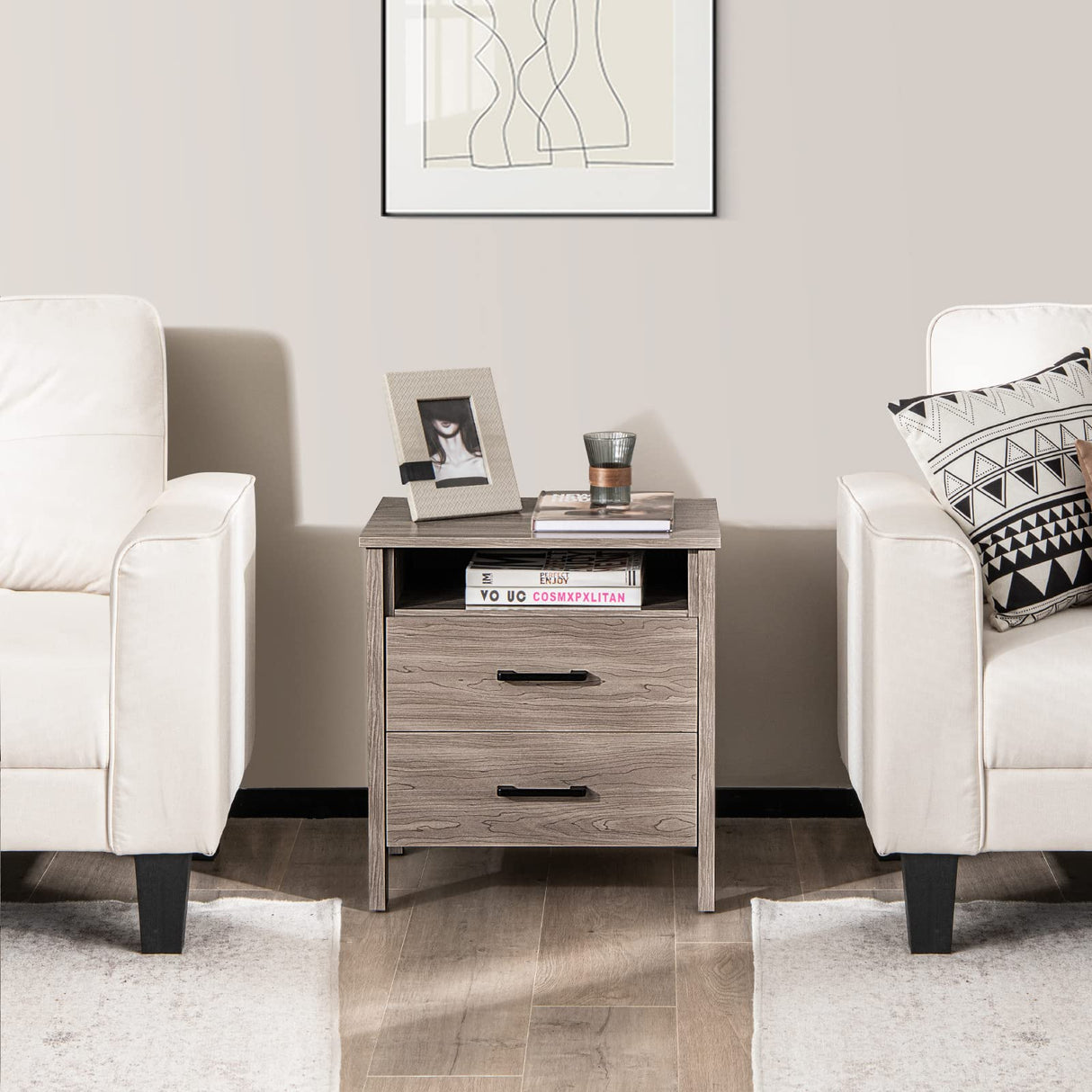 Nightstand with 2 Drawers, Wooden End Side Table with Open Storage Shelf and Cable