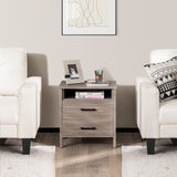 Nightstand with 2 Drawers, Wooden End Side Table with Open Storage Shelf and Cable