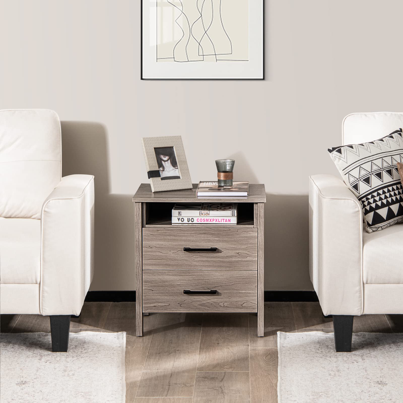 Nightstand with 2 Drawers, Wooden End Side Table with Open Storage Shelf and Cable