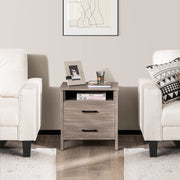 Nightstand with 2 Drawers, Wooden End Side Table with Open Storage Shelf and Cable