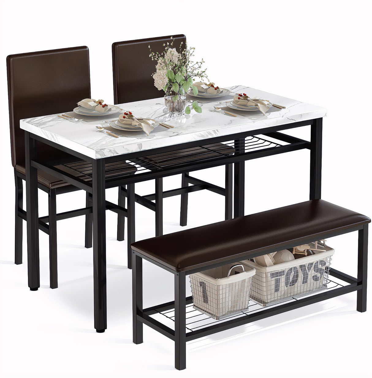 Dining Table Set for 4 with Bench and Chairs,Faux Mable Small Kitchen Table