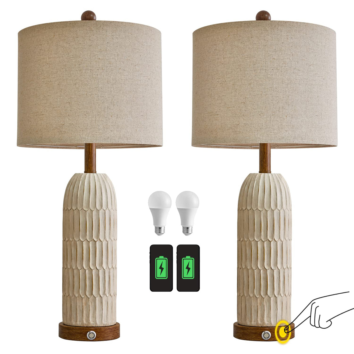 3-Way Dimmable Touch Control Table Lamp Set of 2 with Dual USB Charging Ports