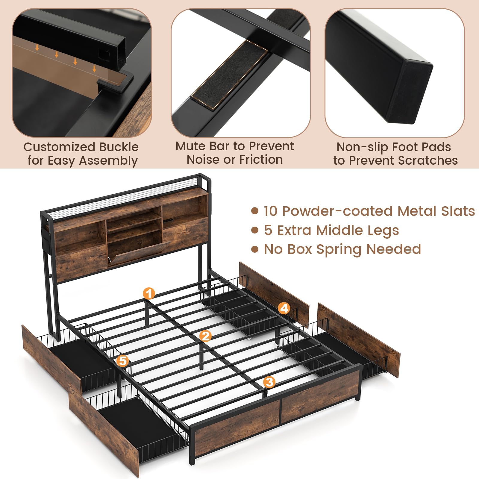 Giantex Queen Bed Frame with 4 Storage Drawers and Bookcase Headboard, Industrial Bed Frame with Charging Station, Heavy Duty Slats Support, No Box Spring Needed, Metal Queen Platform Bed with Storage