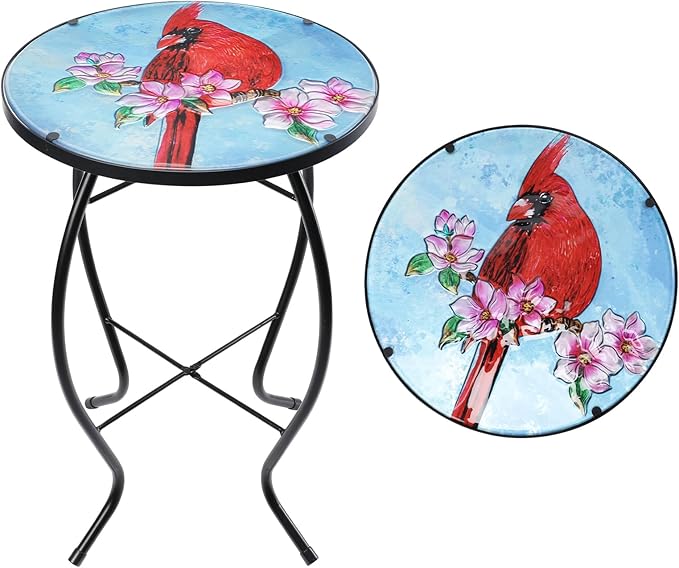 Outdoor Side Table - 14’’ Blue and Transparency Leaf Glass Accent Round EndTable