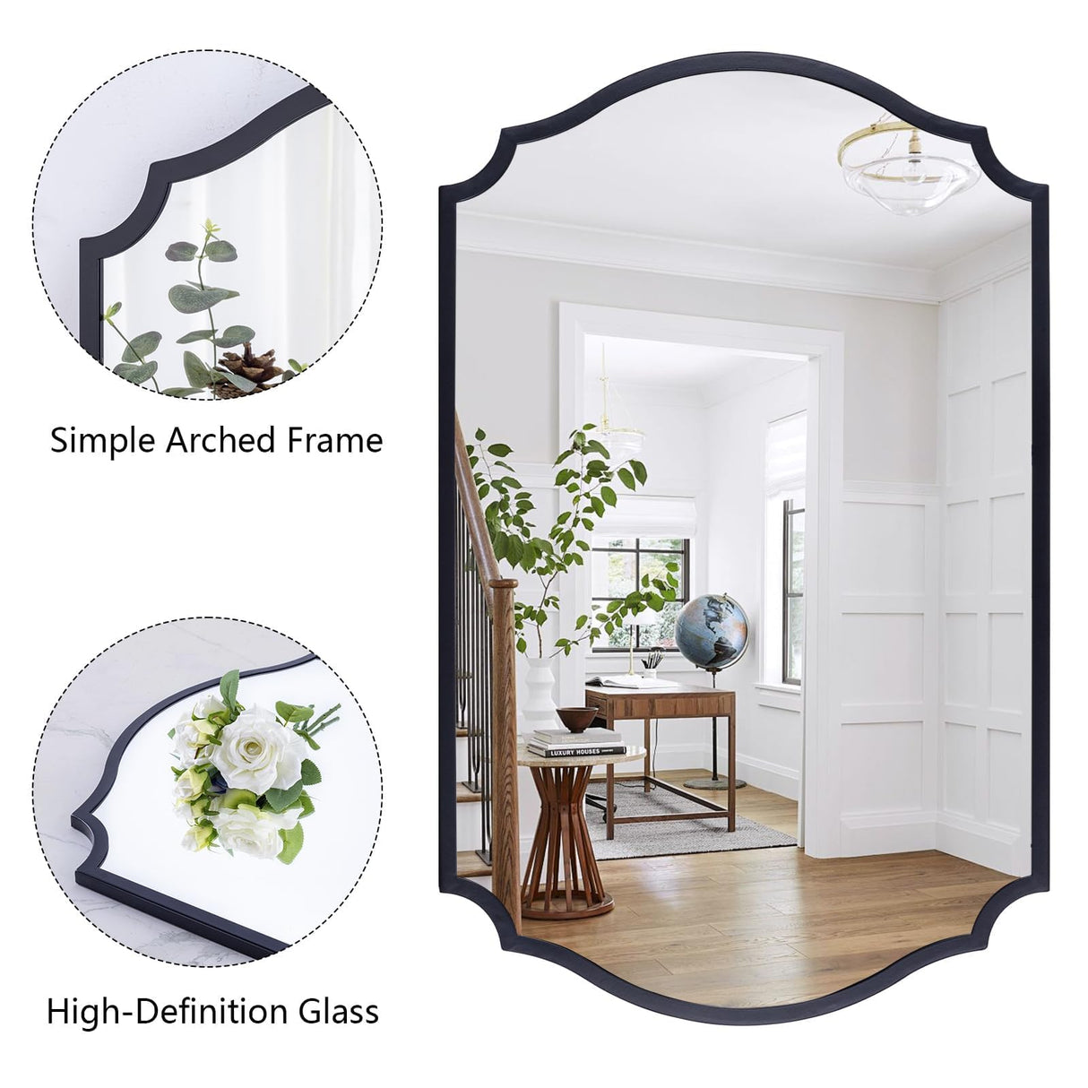 32x20 Black Arched Bathroom Mirror with Scalloped Frame