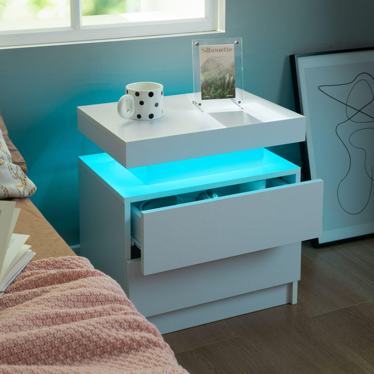 i-aplus Nightstand Set of 2 LED Nightstand with 2 Drawers, Bedside Table