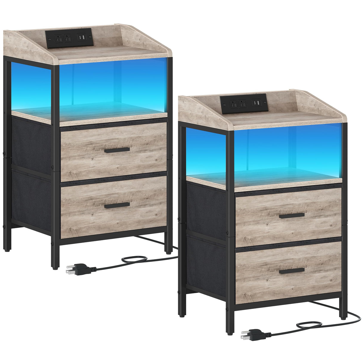 9 Nightstands with LED Lights and Charging Station, End Table with 2 Fabric Storage Drawers and Shelves, Modern Side Table with USB Ports for Bedroom, Set of 2, Greige NS30905B