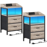 9 Nightstands with LED Lights and Charging Station, End Table with 2 Fabric Storage Drawers and Shelves, Modern Side Table with USB Ports for Bedroom, Set of 2, Greige NS30905B