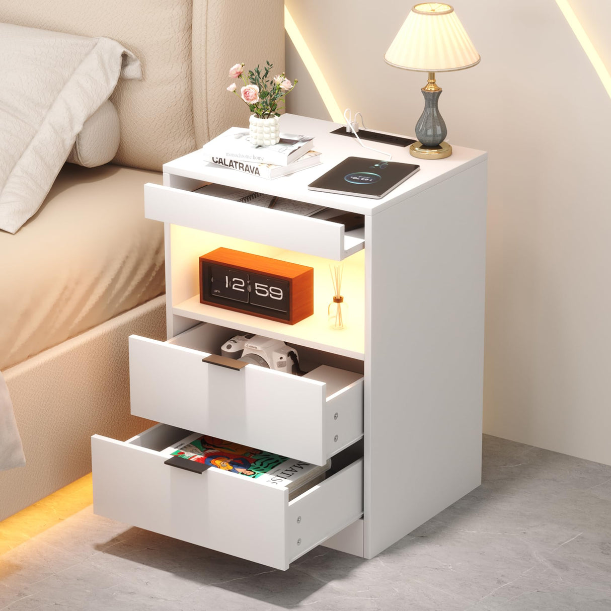 Night Stand, Bedside Table, LED Nightstand with Charging Station, Modern Night Stand