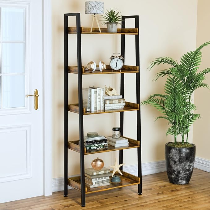 Ladder Shelf-5 Tier Bookshelves w/Open Shelf for Storage, Industrial Bookshelf & Tall Ladder Shelf-Metal Frame for Bedroom, Living Room, Kitchen-67.3'' H, Easy Assembly, Rustic Brown (HD021)