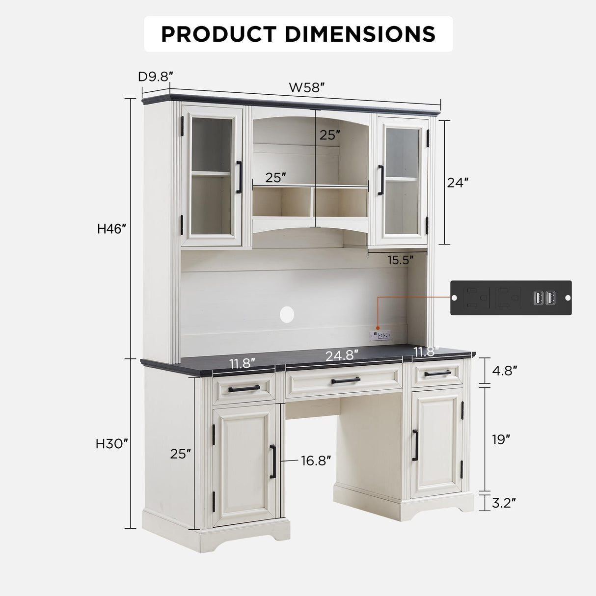 Farmhouse 76" Height Computer Desk with Hutch, Office Desk with Charging Station, Drawers and Storage Cabinet, Workstation for Office Home, Off White