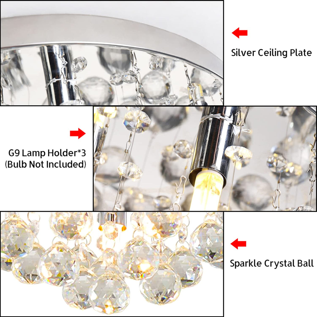 Modern Round Crystal Chandelier Ceiling Light,3 Light Crystal Flush Mount Small