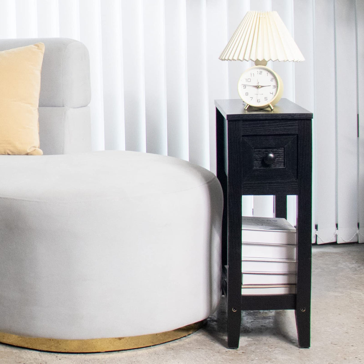 Narrow End Table, Black Side Table with Drawer, Slim Bed Side Table