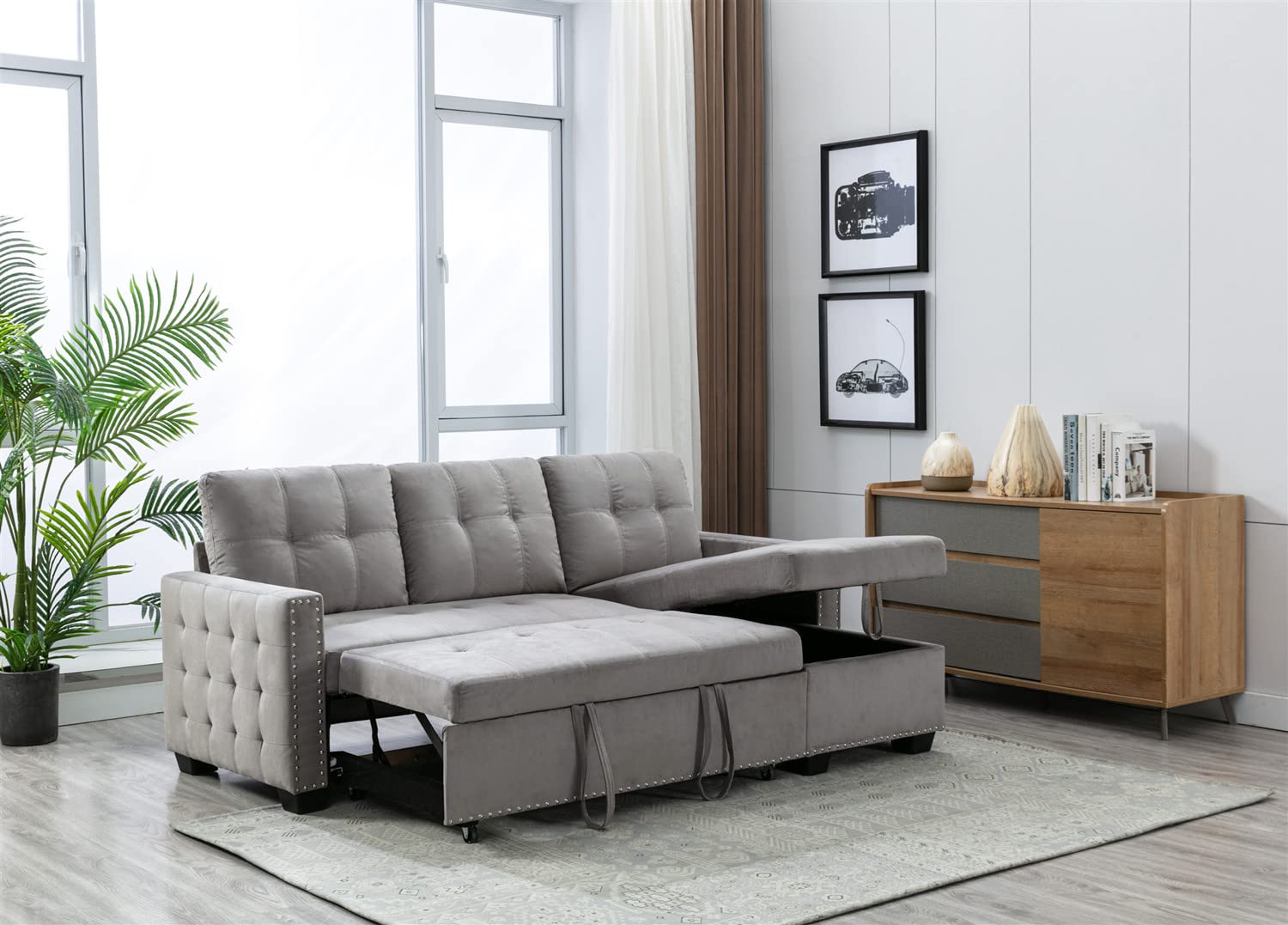 76.8'' Pull Out Sleeper Reversible Sectional Storage Sofa Bed, Convertible Velvet Corner Sofa Bed and Reversible