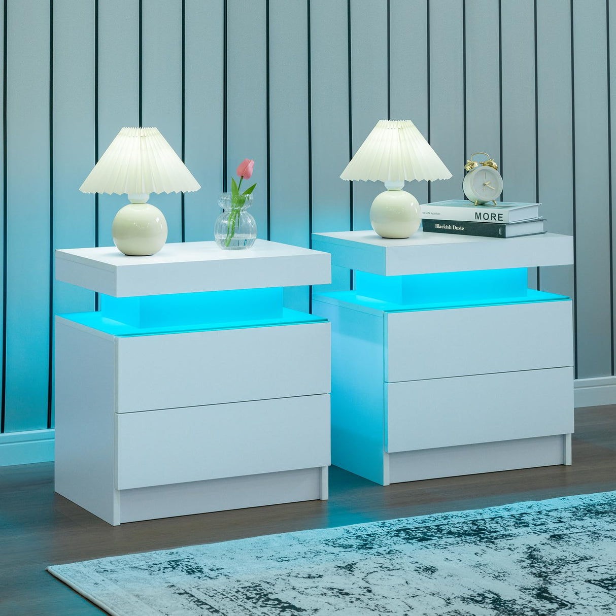 i-aplus Nightstand Set of 2 LED Nightstand with 2 Drawers, Bedside Table