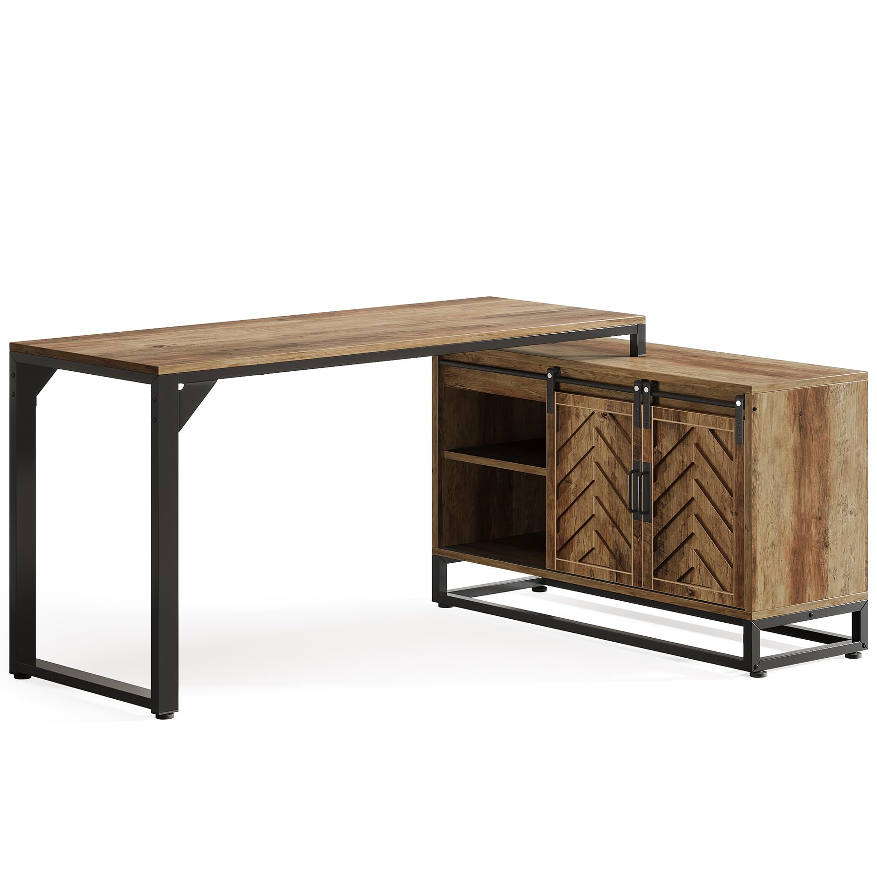 L-Shaped Computer Desk with Cabinet, 53-Inch Farmhouse Corner Desk with Sliding