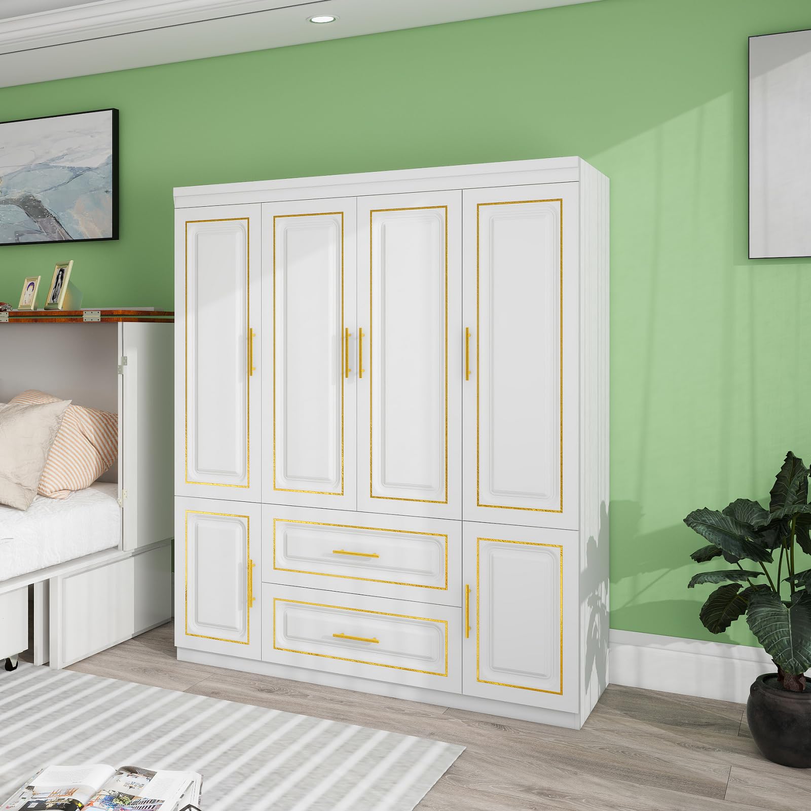 TemkTuek 2-Door Armoire Wardrobe Closet, White Wood Bedroom Storage Organizer with Hanging Rod, Double Doors, and Drawers, Wardrobe Closet with Doors, Closet Organizers and Storage, 32"x71"x19"