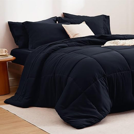 Navy Full Size Bed in a Bag - 7 Pieces Reversible Comforter Set Full Bed Set