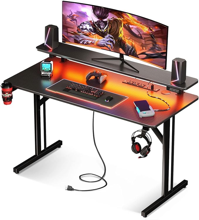 Small Gaming Desk with LED Lights & Power Outlets, 31 Inch Computer Desk Gaming Table