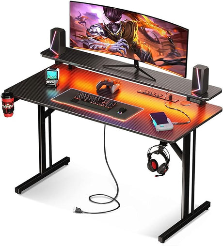 Small Gaming Desk with LED Lights & Power Outlets, 31 Inch Computer Desk Gaming Table