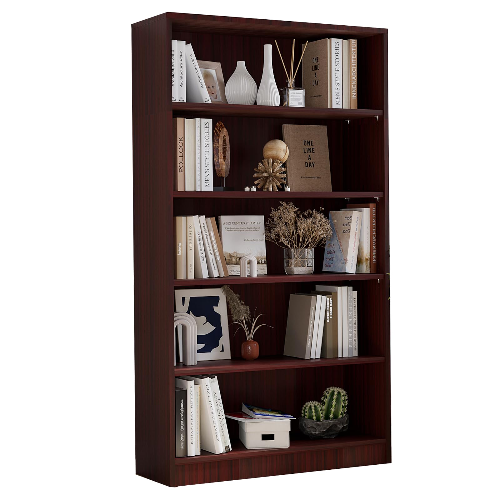 Farini 5 Shelf boockase Display Bookcase Freestanding Wooden Bookshelves for Home Office Living Room,60 Inch Height,Mahogany