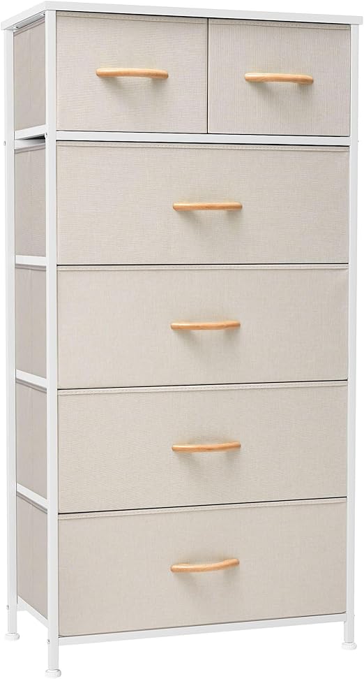 Vertical Dresser Storage Tower - Sturdy Steel Frame, Wood Top, Easy Pull Fabric Bins