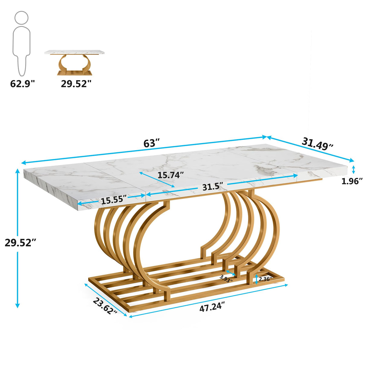 Modern Dining Table, 63 inch Faux Marble Wood Kitchen Table for 6 People, Rectangular